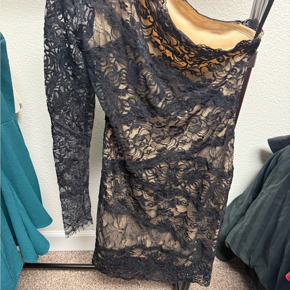 bebe Black Lace One-Shoulder Dress with embellished hems - Picture 3 of 5